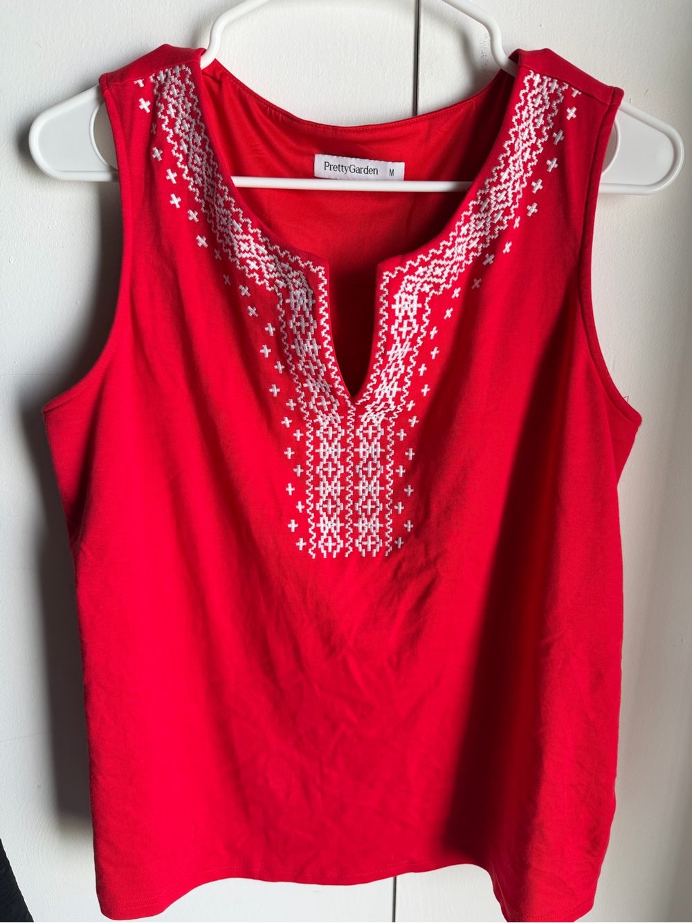 PrettyGarden Red Embroidered V-Notch Tank